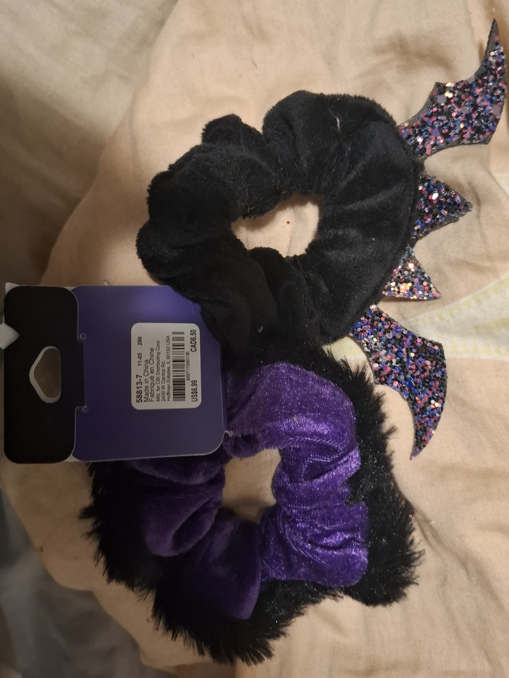 X2 Bundle Claire's Black and Purple Velvet Scrunchies with Glitter Bat Wings